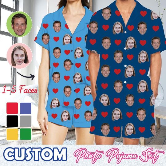Discover Custom Face Photo Pajamas Set - Personalized Photo Short Pajamas for Men, Women, Funny Sleepwear - Gift for Her and Him - Father's Day Gift