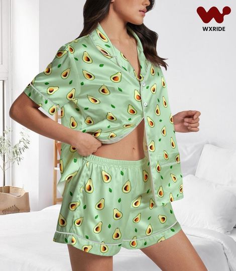 Discover Cute Avocado Short Satin Pajamas, Vegetarian Bridesmaid Pajamas, Funny Avocado Short Sleeve Pajamas, Avocado Lover Pajamas Set Women
