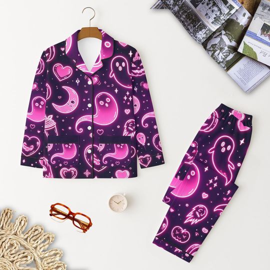 Discover Halloween Pink Neon Ghost Pajamas Set, Halloween Ghost Moon Pumpkin Heart Sleepwear, Spooky Season Homewear, Cozy Nightwear Gift