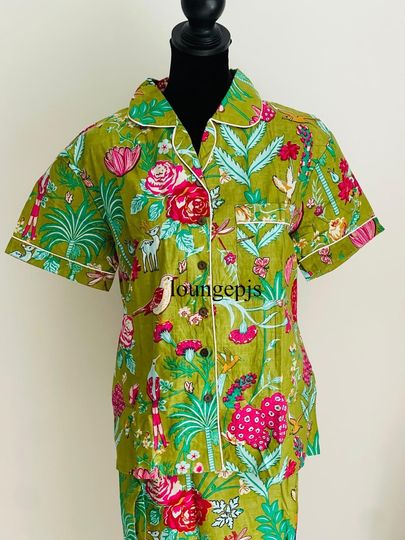 Discover Womens Pajamas Short Sleeve Set, Long Pant Cotton, Fall Style Gift, Indian Cotton Pajama Set, Hand Block Print PJs, Lounge and Sleepwear