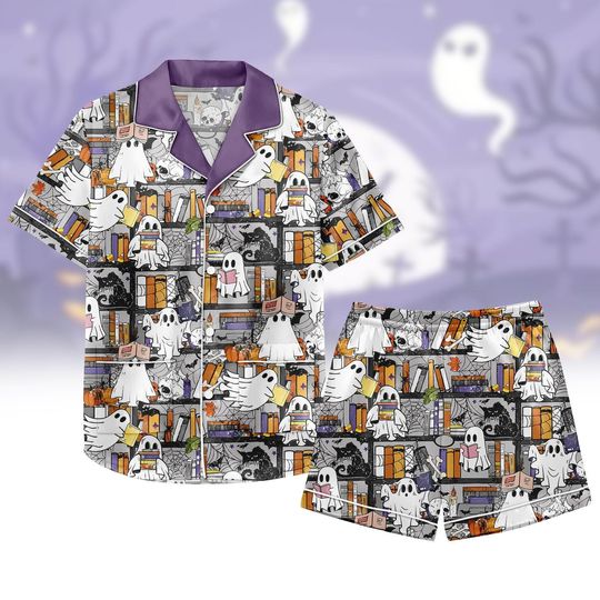 Discover Retro Ghost Book Fantasy Series Pajamas Set, Halloween Book Sleepwear, Bookish Ghost Horror Silk Pajamas, Fantasy Reader Gift For Women
