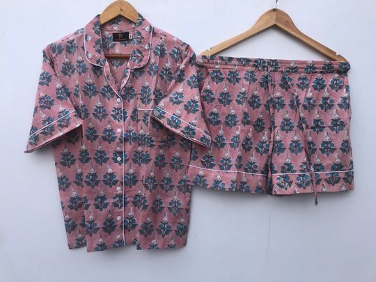 Discover Bridesmaid Loungewear Block Print Handmade Cotton Pajamas Shorts Pj set, Shorts Pj Set, Comfortable Nightwear, Summer Dress, Gift For Her