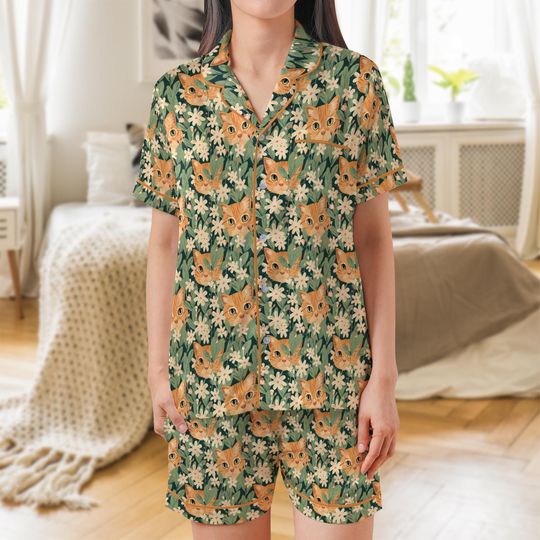 Orange Cat Short-Sleeve Satin Pajamas Set | Button-Up Shirt and PJ Shorts with Pockets