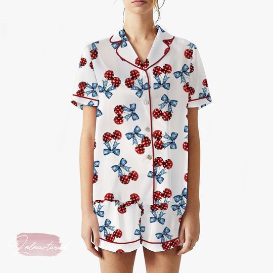 Discover American Flag Cherry Bow Pajama Set  Patriotic Short Sleeve Sleepwear, Cute 4th of July Loungewear Gift for Her