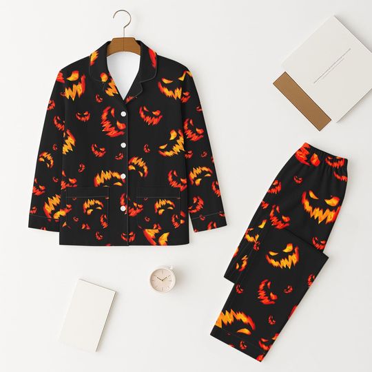 Halloween Scary Pumpkin Pajamas Set, Spooky Season Homewear, Jack O Lantern Face Matching Set, Fall Season Sleepwear, Horror Nightwear Gift