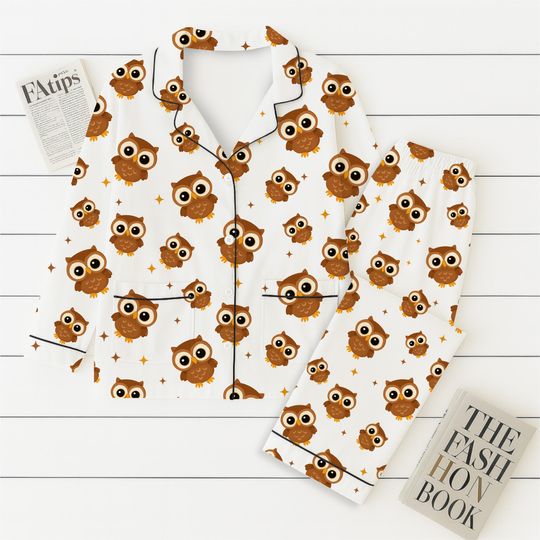 Cute Owl Pajamas Set, Cozy Fall Loungewear, Cartoon Owl Sleepwear, Cute Animal Pjs, Autumn Pajamas For Women, Owl Pattern Homewear