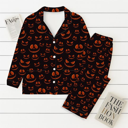 Discover Halloween Pumpkin Face Pajamas Set, Scary Pumpkin Sleepwear, Halloween Pattern Homewear, Spooky Season Gift, Halloween Gift