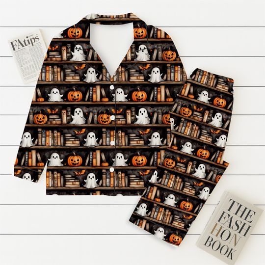Discover Halloween Ghost Bookshelf Pajamas Set, Vintage Halloween Sleepwear, Pumpkin Book Ghost Homewear, Cozy Loungewear, Halloween Book Pjs
