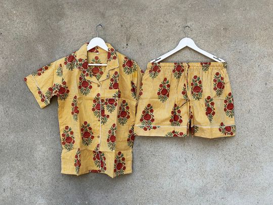 Yellow Floral Print Indian  Women's Shorts Sets, Shirt And Shorts Set, Women Shorts, Summer Shorts, Bridal Party Pajama Set