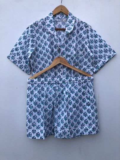 Discover Block Print Handmade Cotton Pajamas Shorts Pj set, Shorts Pj Set, Comfortable Nightwear, Summer Night Dress, Bride Maid Lounge-wear