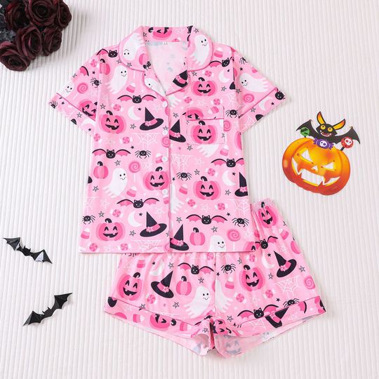 Pink Pumpkin Pajamas Set Women Summer Comfortable Casual Home Clothes Nightshirt Wear Halloween Party Sleepwear for Girls