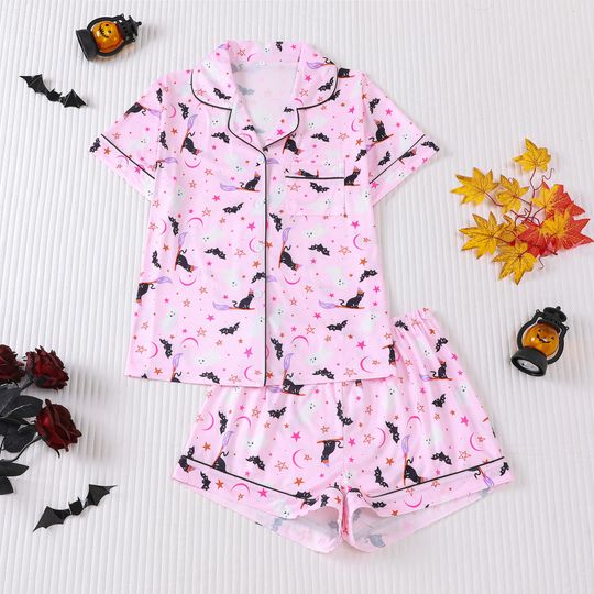 Women's Christmas Halloween Pajama Set Printed Collared Top & Lounge Shorts Spooky Sleepwear Two Piece Bed Clothes Female Ropa