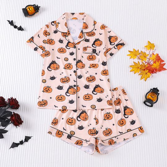 Discover Halloween Pumpkin Sleepwear for Women Summer Ghost Print Halloween Party Nightgown Comfortable Home Wear Pajama Set