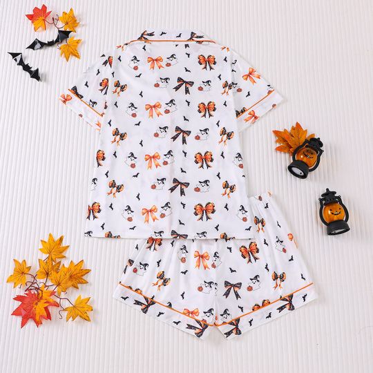Discover 2025 Halloween Pajamas Set Women Spooky Print Short Sleeve Lounge Set Collared PJs Party Sleepwear Cotton Comfort