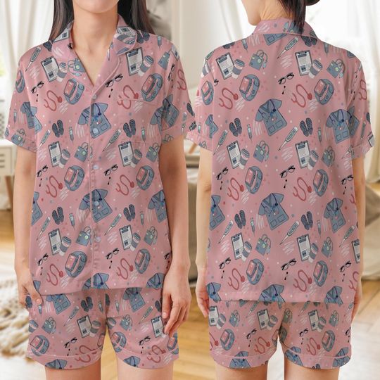 Discover Nurse Seamless AOP Satin Short-Sleeve Pajamas Set, Cute Medical Print Sleepwear, Soft Loungewear Gift for Nurses & Healthcare Workers