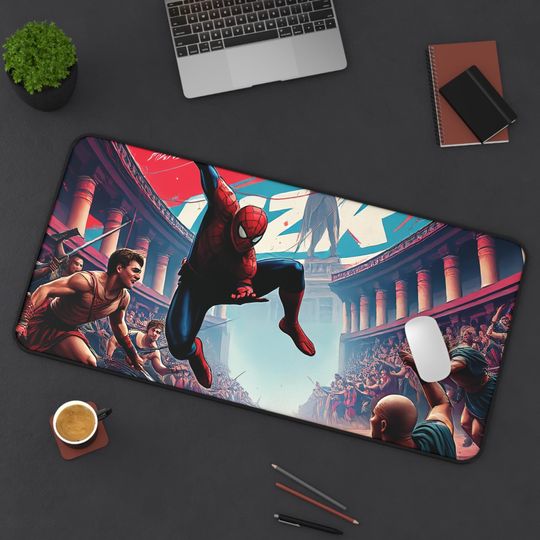 Discover Web-Slinging Hero Gaming Desk MatNon-Slip Surface, Comic-Inspired Cityscape Design  Gift for Action-Packed Superhero Setups