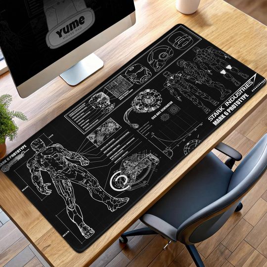 Iron Man Black Blueprint Mouse Pad  Stark Industries Mark 6 Schematic Design, Marvel Tech Desk Mat, Superhero Gamer Gift