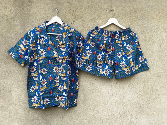 Discover Bunny Rabbit Print Cotton Pajama Shorts, Indian Cotton Pj Set, Bridesmaid Pajama, Nightwear Dress, Womens Pajama Set, Short And Shirt Set