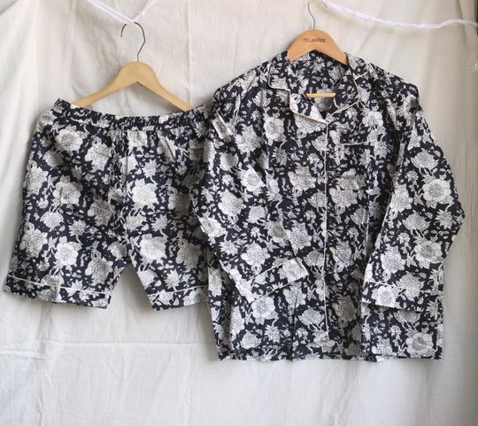 Short Pj Set Shorty Pajama Set Bridal Party Pajama Girls Wear Pajama Women Pajama Set With Shorts Boho Black Floral Print
