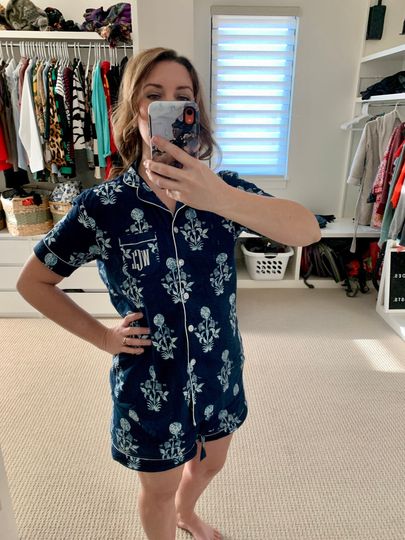 Discover Indigo Floral Matching Cotton Pajamas Shirt short pant set for holidays or getting ready photoshoot. Getting ready light soft summer pyjamas
