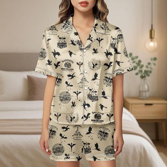 Fourth Wing Satin Pajamas Set, Basgiath War College Short Pajamas, Violet Sorrengail, Bookish Shirt, Xaden Riorson, Fantasy Book Dragon