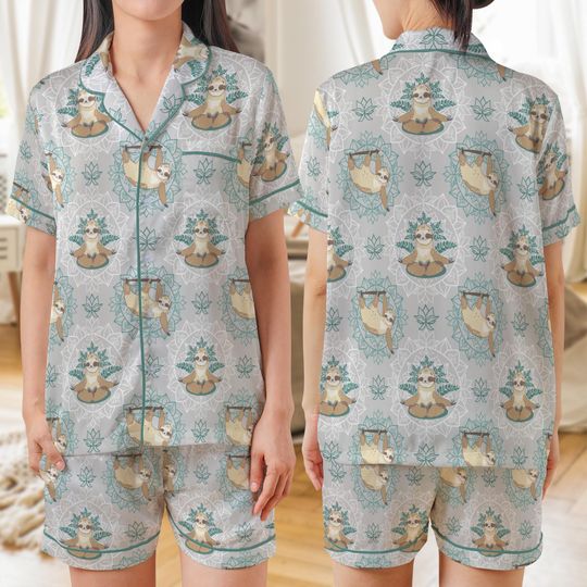 Yoga Sloth Funny Seamless AOP Satin Short-Sleeve Pajamas Set, Cute Lazy Animal Sleepwear, Relaxing Gift for Yoga Lovers & Sloth Fans