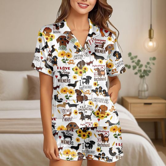 Discover Dachshund Dog Satin Pajamas Set, Dog Mom Short Pajamas, Wiener Dog Women Pajamas, Pet Lover Pajamas, Sausage Dog Pajamas, Gift For Her