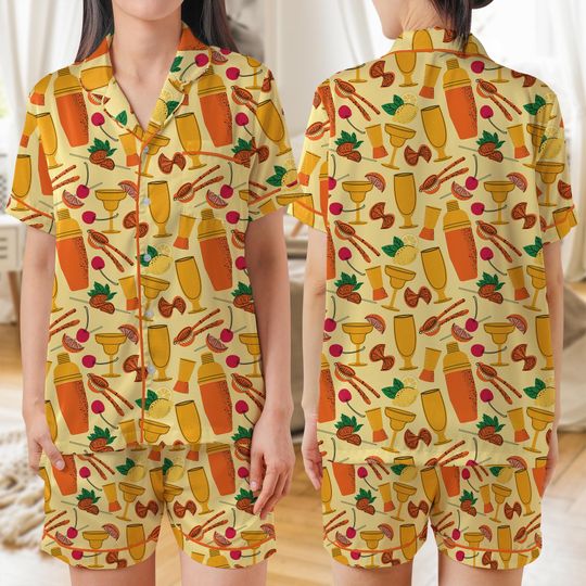 Discover Bartender Equipment Seamless AOP Satin Short-Sleeve Pajamas Set, Cocktail Lover Sleepwear, Bar Tools Loungewear Gift for Her