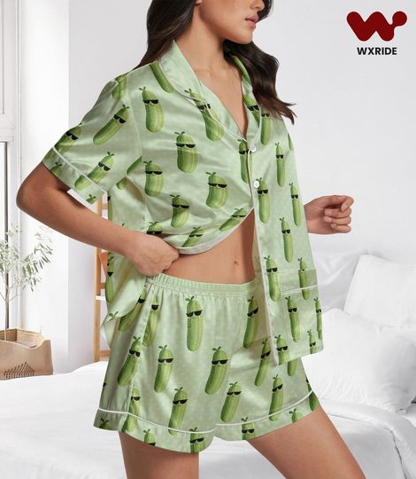 Pickle Lover Short Satin Pajamas, Kind Of A Big Dill Silk Pajamas For Women, Funny Pickle Pajamas Shorts, Pickle Baby Pajamas Set