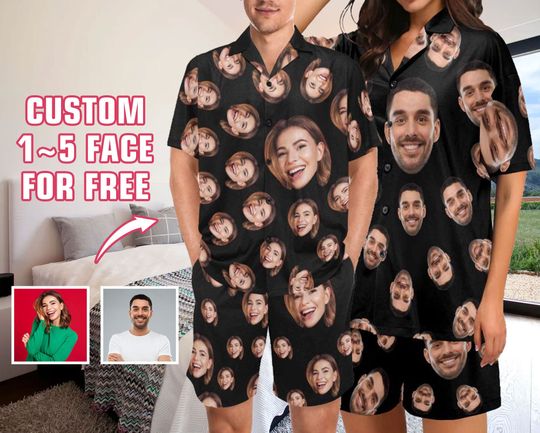 Custom Face Pajama Set Funny Personalized Photo Pajama Set Women Men Summer Short Sleeve Pajamas Photo Gifts Mom Birthday Father's Day Gifts