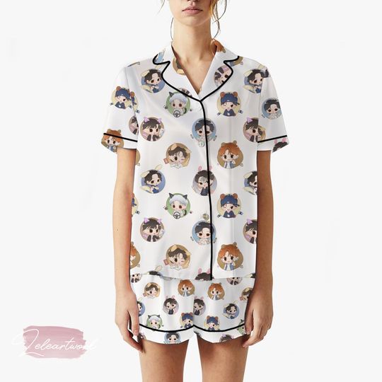 Ateez Chibi Pajama Set  Kpop Short Sleeve Sleepwear Featuring All 8 Members in Cute Outfits, Cozy ATEEZ Fan Gift