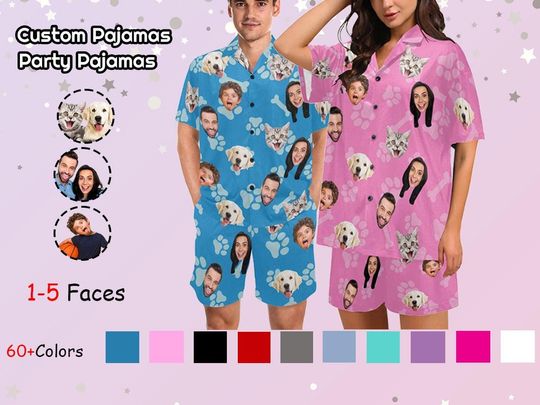 Discover Custom Face Pajama Set Personalized Pet Dog Photo Pajamas Women Men Short Pajama Pj Party Gift for Couple Lover Mothers Fathers Day