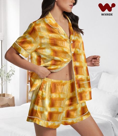Waffle Short Satin Pajamas, Waffle Lover Bridal Party Pajamas, Food Lover Short Sleeve Pajamas, Snacks Bride Pajamas, Matching Pajamas
