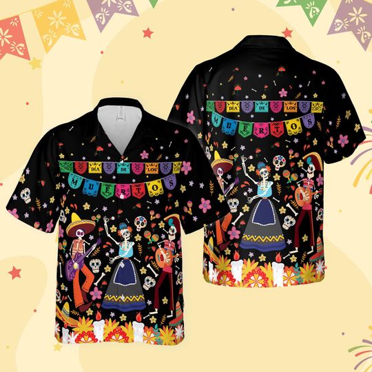 Day Of The Dead Hawaiian Shirt, Dia De Los Muertos Skeleton Dancing Button Up Shirt, Mexican Sugar Skull Shirt, Mexican Fiesta Party Shirt
