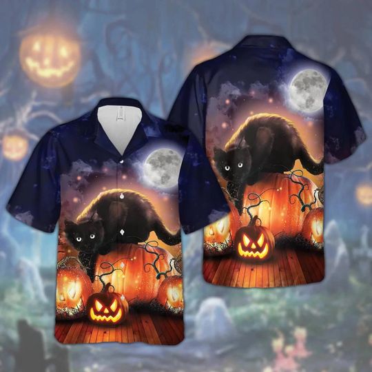 Discover Black Cat Pumpkin Halloween Hawaiian Shirt Full Moon Spooky Scene Button Up Top Scary Costume Party Outfit For Men and Women