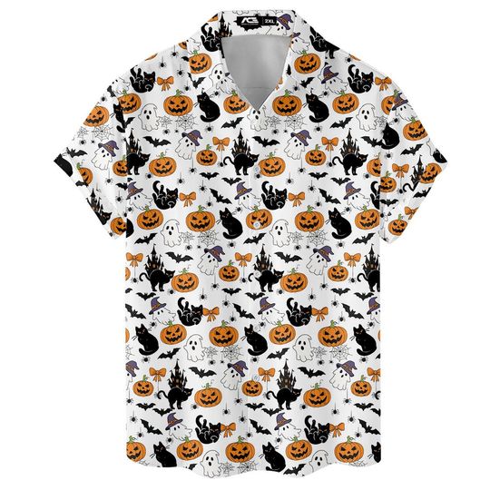 Discover Funny Halloween Cat Hawaiian Shirts For Men Vintage Mens Hawaiian Shirts Short Sleeve Button Down Shirts 3