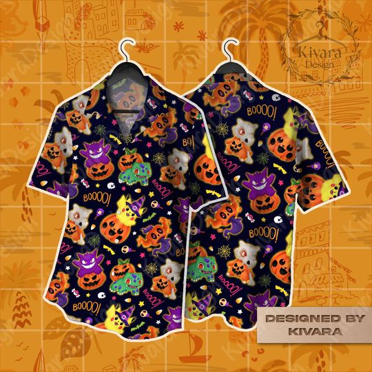 Discover Anime Halloween Hawaiian Shirt, Spooky Season Aloha Shirt with Pumpkins, Video Game Fan Summer Apparel