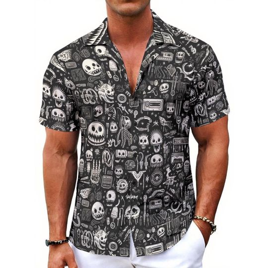 Discover Black and White Spooky Hawaiian Shirt for Men  Gothic Summer Button-Up, Halloween Aloha Shirt, Skull Print