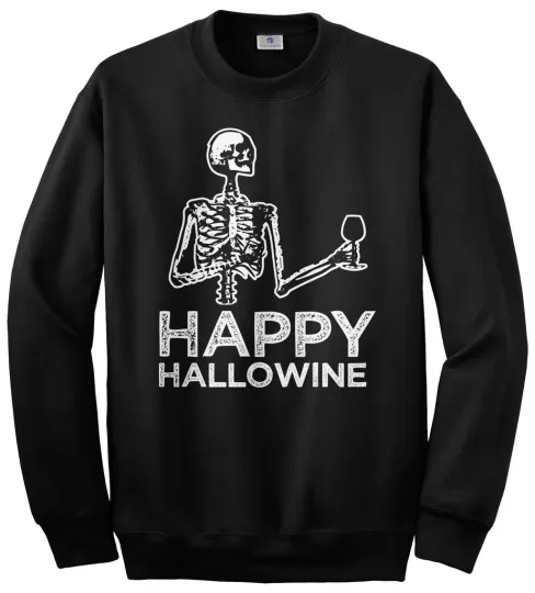 Discover Happy Hallowine Unisex Sweatshirt Halloween Wine Skeleton
