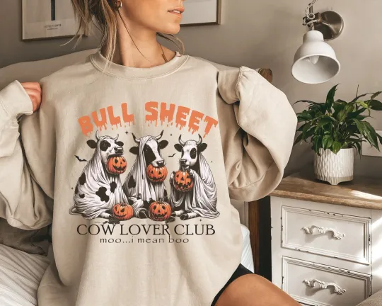 Discover Bull Sheet Ghost Halloween Sweatshirt, Cow Lover Shirt, Farmer Shirt, Fall Shirt