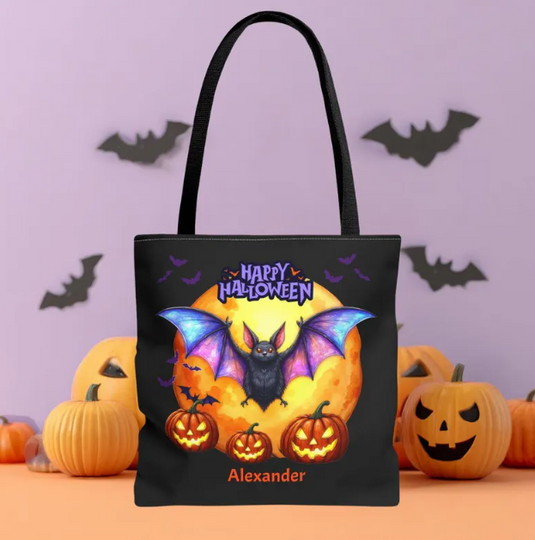 Discover Personalized Bat Halloween Tote Bag, Trick or Treat Bag, Spooky Moon and Pumpkin Bag for Kids