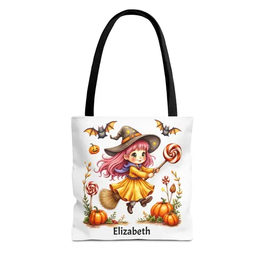 Discover Personalized Witch Halloween Tote Bag, Trick or Treat Bag, Cute Witch Pumpkin Bag for Kids