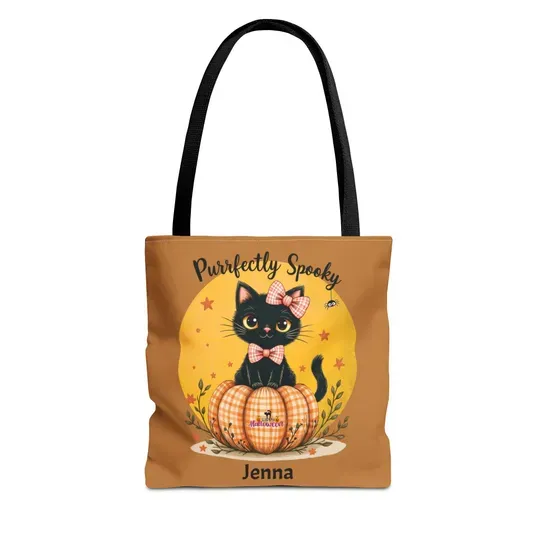 Discover Personalized Halloween Trick or Treat Bag, Spooky Cat with Bow, Cute Pumpkin Tote for Kids