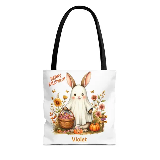Discover Personalized Bunny Halloween Tote Bag,Trick or Treat Bag, Cute Rabbit Ghost Pumpkin Bag for Kids