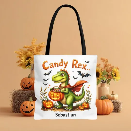 Personalized Dinosaur Halloween Tote Bag, Rex Trick or Treat
