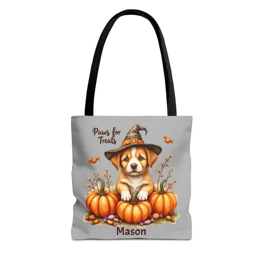 Personalized Halloween Dog Tote Bag, Cute Puppy Trick or Treat Bag, Fall Tote for Boys & Girls