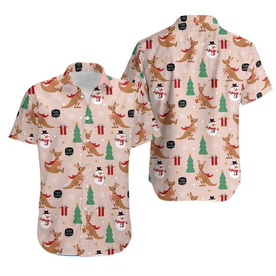 Kangaroo Christmas Hawaiian Shirt, Kangaroo Lover Gift, Australian Animals Hawaii Shirt, Snowman Button Up Shirt