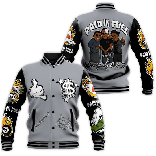 Dunkare Black Wolf Grey 12s Varsity Jacket, Streetwear Varsity Jacket, Retro Wolf Grey 12 Shirt, Everybody Paid In Full Graphic Letterman Jackets