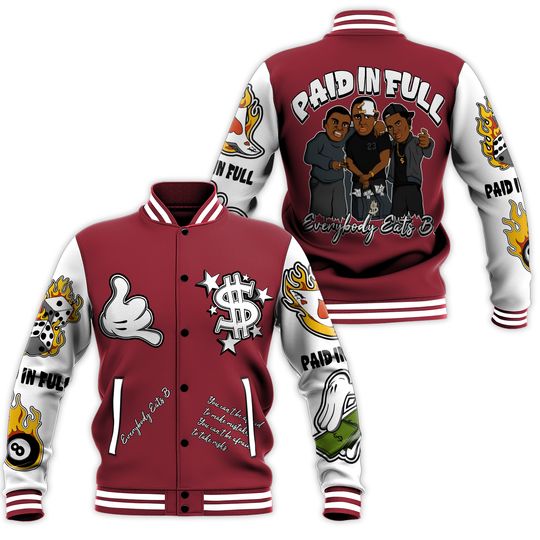 Dunkare Black Toe 14s Baseball Jacket, Retro 14 Black Toe Baseball Jacket, Everybody Paid In Full Graphic Over Print Letterman Jackets