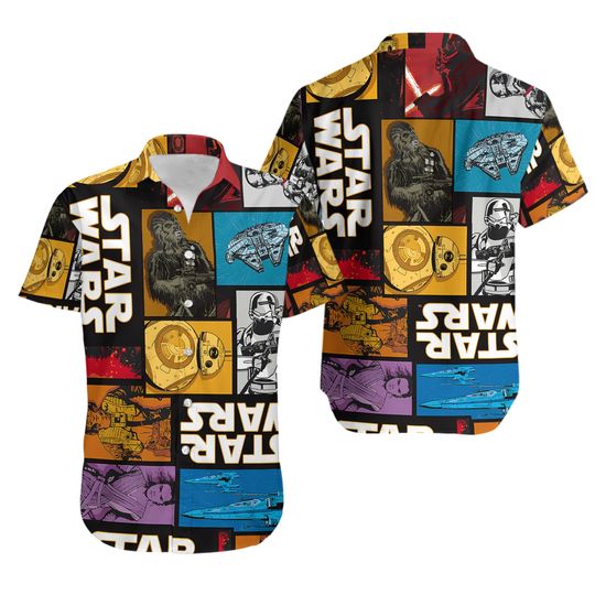 Star Wars Characters Hawaiian Shirt, Chewbacca BB-8 Galaxy Edge's Button Up,=